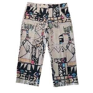 Chico’s Vintage Pants Women’s Sz 1 M Linen Retro Graphic Cropped Relaxed Fit EUC